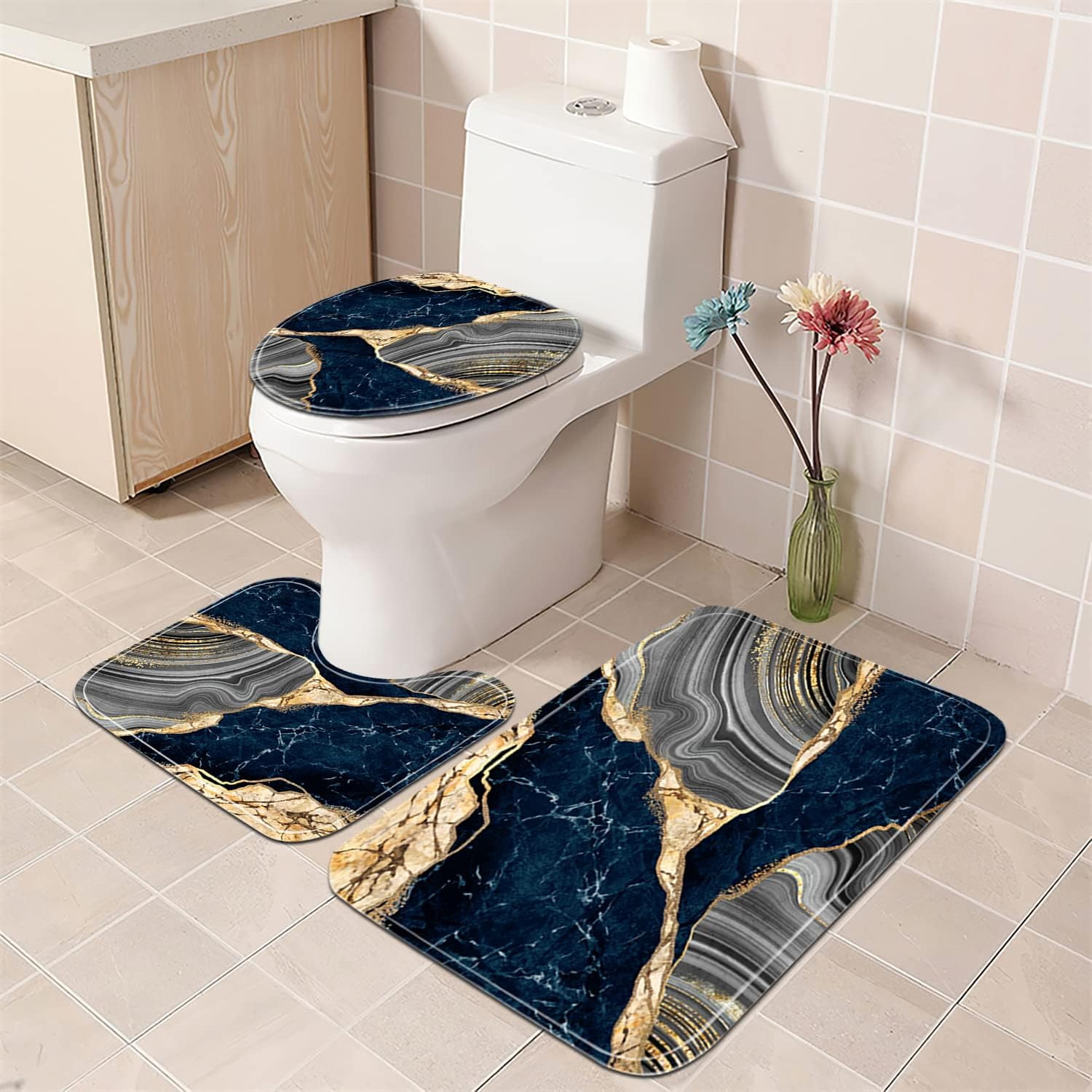 4 Pcs Black Marble Shower Curtain Sets with Rugs Gold Bathroom Sets with Shower Curtain and Rugs Modern Abstract Bathroom Decor Accessories Shower Curtains for Bathroom Toilet Lid Cover