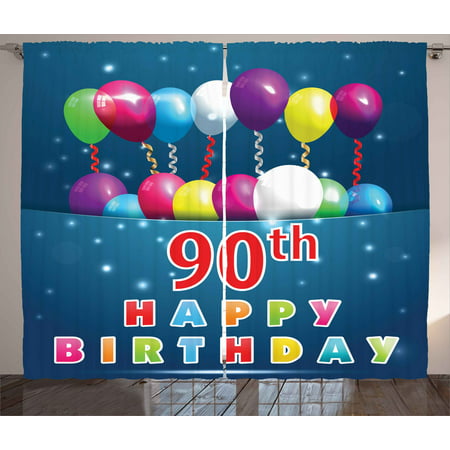 90th Birthday Curtains 2 Panels Set, Joyful Surprise Party Mood with Best Wishes Balloons and Swirls Age Ninety, Window Drapes for Living Room Bedroom, 108W X 63L Inches, Multicolor, by