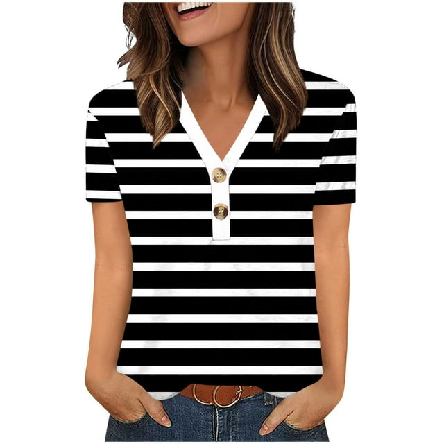 V-neck Short Sleeve Shirt for Women, Polyester Printed Top with Button Front, Regular Length, Slimming High-Cut Design, Black, S