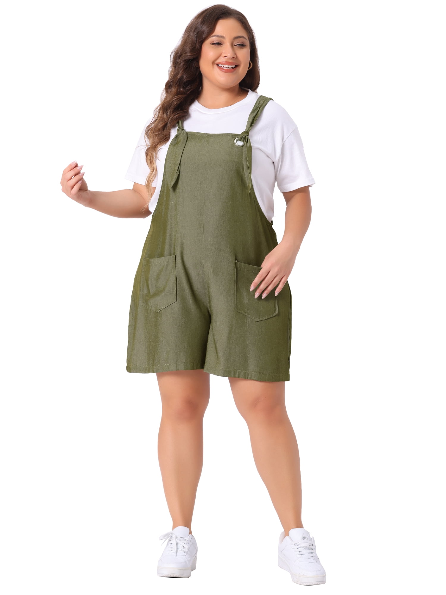 DARING DIVA Women's Plus Sleeveless Square Neck Tie Shoulder Romper Shorts 2X Army Green