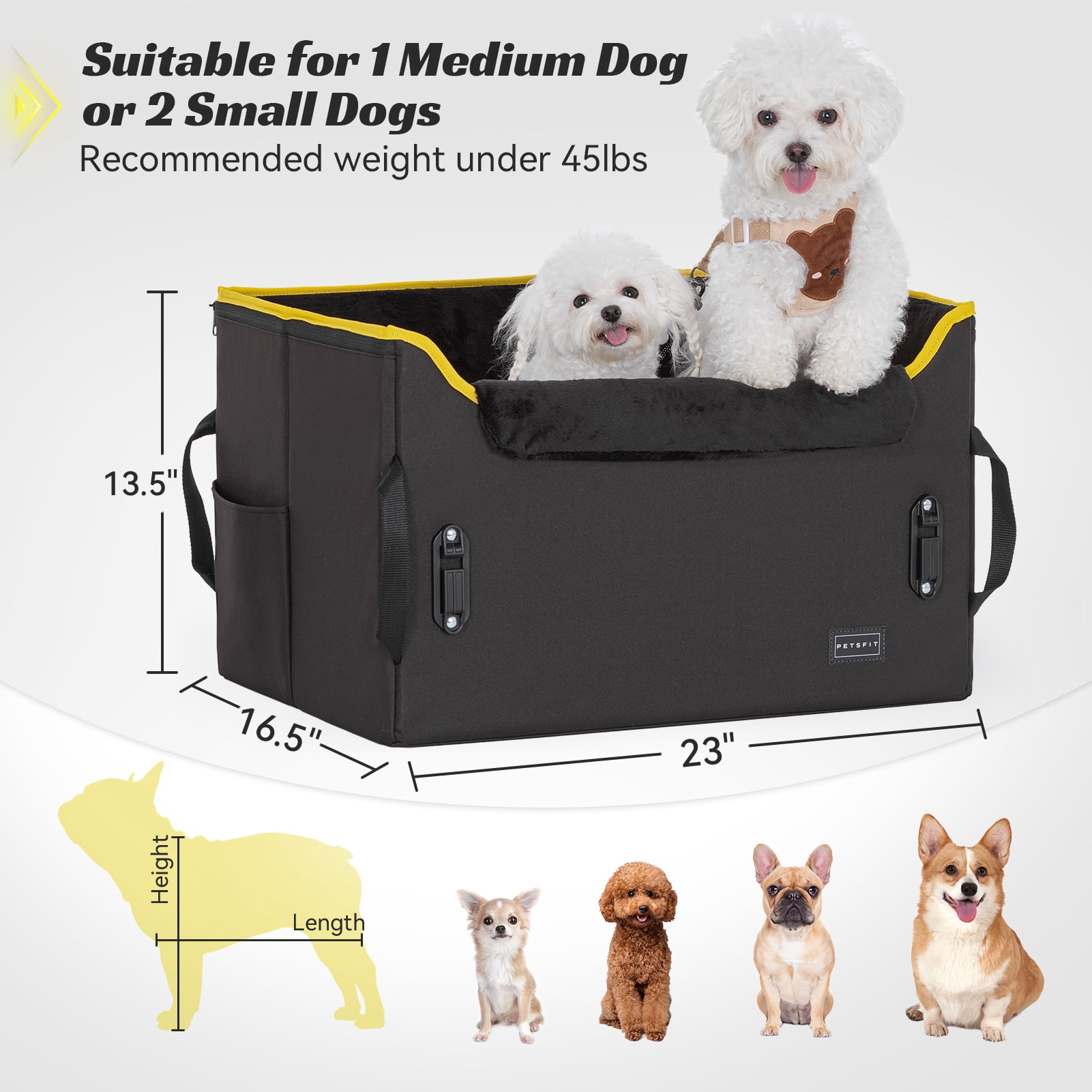 PETSFIT Dog Car Seat , Dog Car Seat for Medium Dog with 2 Clip-On Safety Leashes and Patented Buckles, Under 45Lbs (Black)