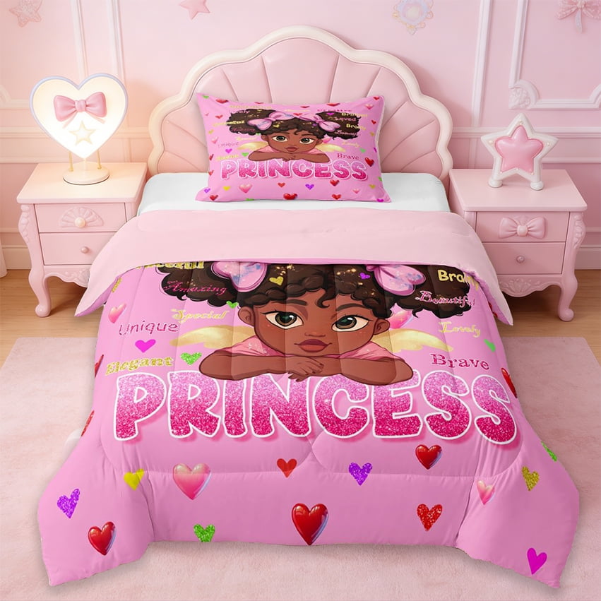 Erosebridal Cute Princess Girl Twin Comforter Sets Cartoon Black Girly Colorful Loves Print Bedding Set For Kids Reversible Pink 2pcs