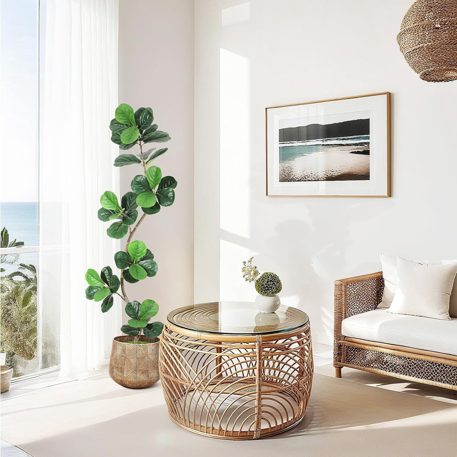 6ft Fiddle Leaf Fig Artificial Tree, Fake Rubber Tall Fake Floor Plant in Pot, Faux Plants Indoor with Moss, for Home Office Living Room Decor, with White Planter