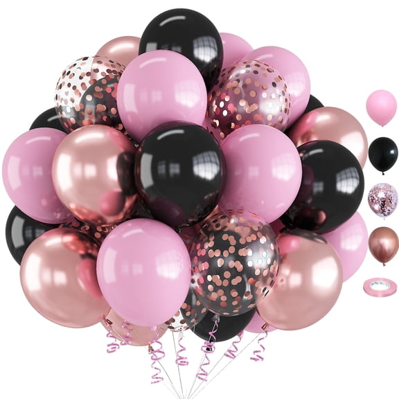 60pcs 12inch Pink and Black Balloons, Rose Gold Black Pink Balloons with Rose Gold Confetti for Baby Shower Birthday Wedding Party Decorations