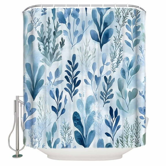 Extra Long Shower Curtain 72x84 Inch, Blue Botanical Shower Curtain Waterproof Bathroom Decor Watercolor Spring Summer Leaf Pastoral Fabric Bath Curtain Set Accessories with Hooks