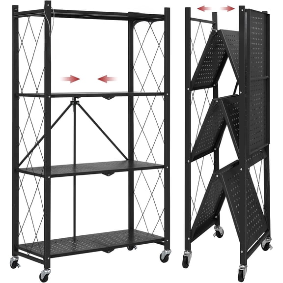 4 Tier Foldable Storage Shelves with Wheels, Large Capacity Shelving Unit, Freestanding Metal Wire Shelf Rack, No Assembly Organizer Rack for Garage Kitchen, Basement, Pantry
