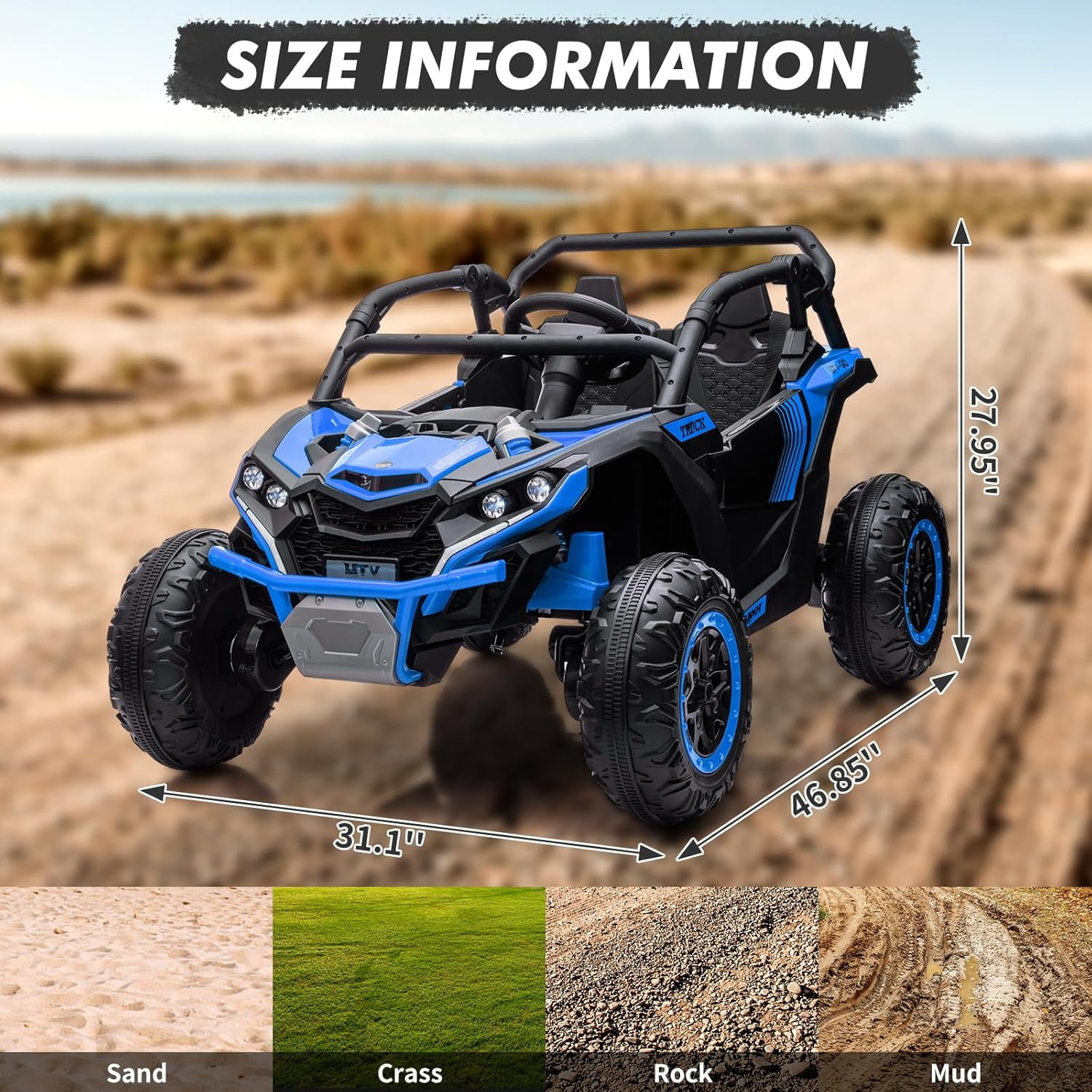 24V Ride on ATV or Kids, 2 Seater 4WD Powered ATV Car with Remote Control, LED Lights, 4 Shock Absorber, 3 Speeds, Horn, Music(Blue)