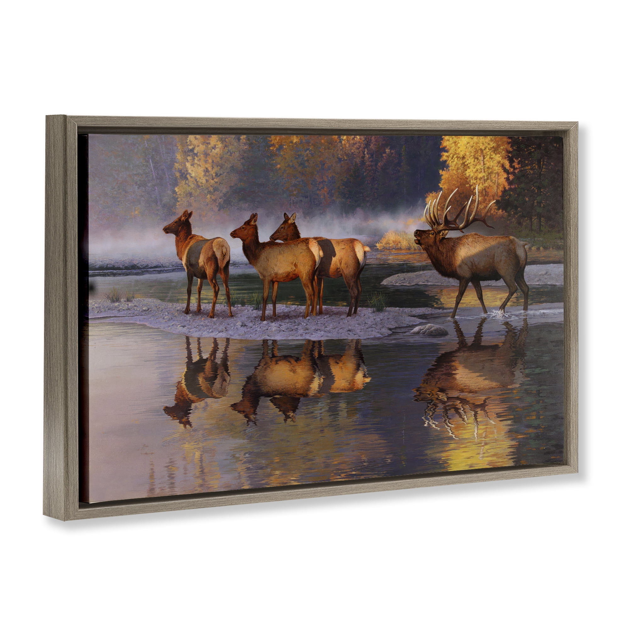 Stupell Industries Distant Challenge Elk Family Landscape & Nature Painting Brown Floater Framed Canvas Art Print Wall Art, 25 x 17