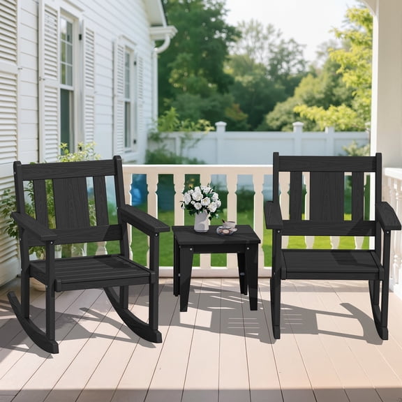 SERWALL Outdoor Rocking Bistro Set, 3 Pieces Patio Furniture Set, Porch Chairs and Coffee Table Set with Umbrella Hole, for Lawn Balcony Deck, Black