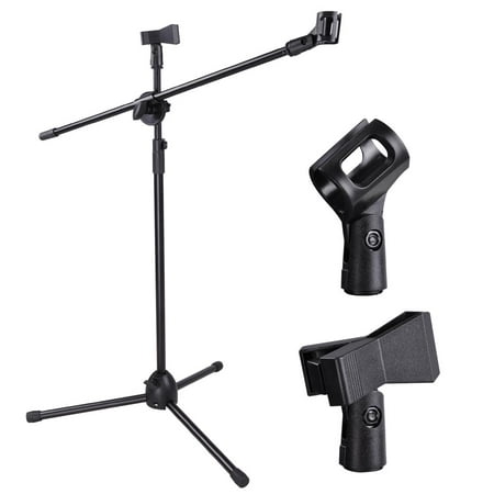 Adjustable Height Microphone Stand Dual Mic Clip 360-degree Rotating Folding Type Boom Arm