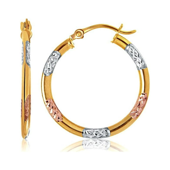 10k Tri-Color Gold Classic Hoop Earrings with Diamond Cut Details