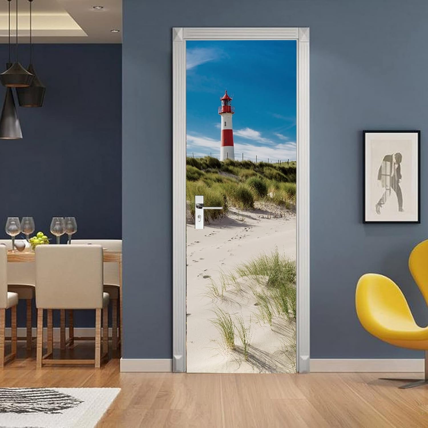 3D Door Stickers for Interior Doors Lighthouse Red White on Dune Sylt Island Germany Vinyl Waterproof Self Adhesive Door Mural,SP-F301,S(38.5x200cmx2Pcs)