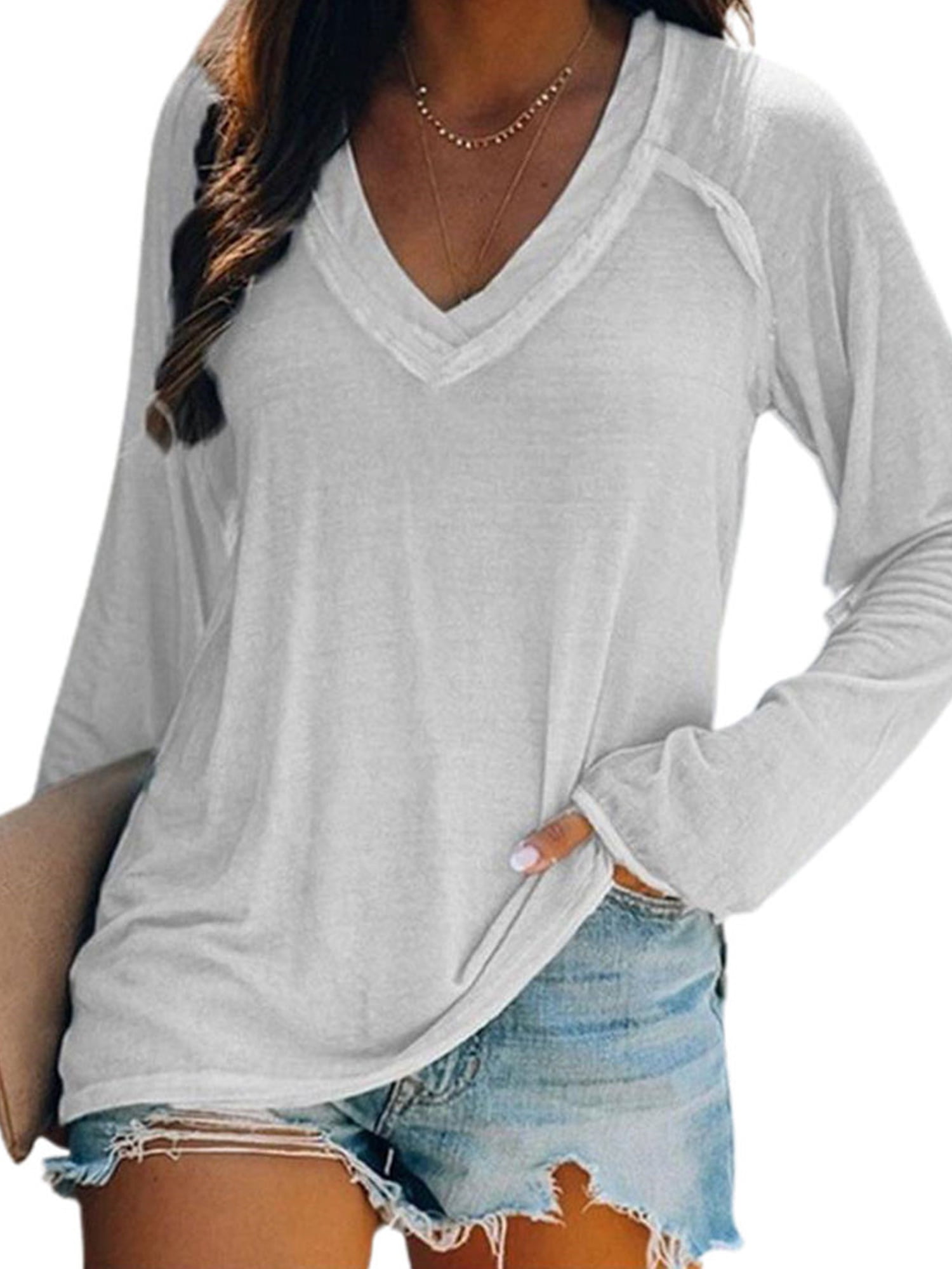 Womens Casual Long Sleeve T-Shirt Loose Ladies Blouse V-Neck Tops Tee Plus Size 