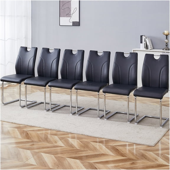 JERFIT Modern PU Dining Chairs Set of 6, Black Upholstered Side Chairs with Silver Metal Legs for Kitchen, Office, Restaurant
