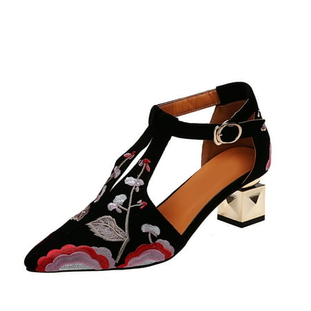 

Women Elegant Heel Embroidery Pumps Shoes Ankle T-Strap Pointed Closed Toe Dress Sandal Shoe Chunky Block Heels high heeled sandals