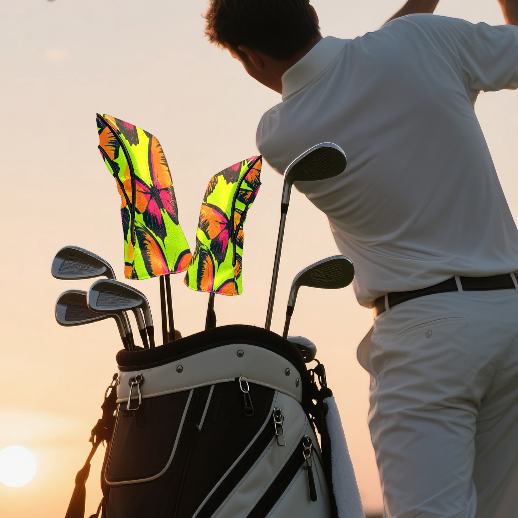 Golf Club Head Cover Waterproof Leather Golf Accessories HeadCovers Set Driver Headcover for Women Men Neon Green And Orange Butterfly Pattern