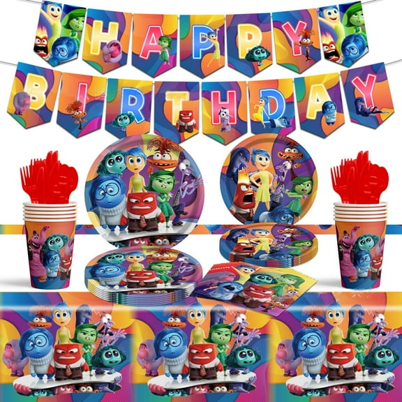 Inside Out themed birthday party decorations, party supplies include birthday banners, tablecloths, plates, paper cups, paper towels and cutlery, suitable for boys and girls theme parties