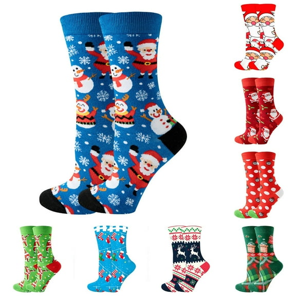 Christmas Socks Cartoon Dance Santa Snowman Mid Calf Socks Tree Warm Cozy Funky Comfortable Colorful Novelty Crew Socks for Women Blue1
