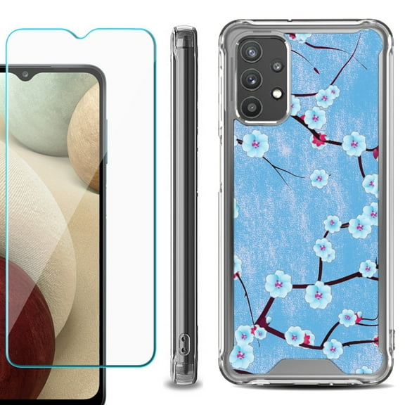 Shockproof Bumper Phone Case for Samsung Galaxy A32 5G, with Tempered Glass Screen Protector, by OneToughShield ® - Blossom Sky