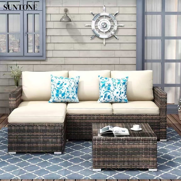 SUNTONE Patio Sectional Set - 3 Pieces Outdoor Conversation Set Wicker Rattan Outdoor Furniture Sofa with Table, Beige