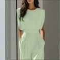 thumbnail image 2 of ZEHJUHAN Women's Solid Color Wide-Leg Jumpsuit Short Sleeve Crew Neck with Pockets Pleated Waist for Casual Office Wear Green，S, 2 of 3
