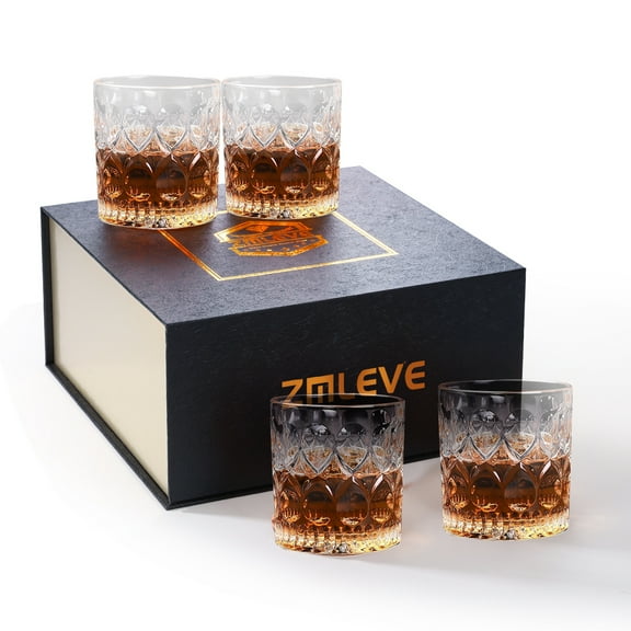 Zmleve Crystal Whiskey Glass, 10 Ounces Whiskey Glass for Scotch Cognac Vodka Cocktail Rum with Premium Gift Box-4 Pack