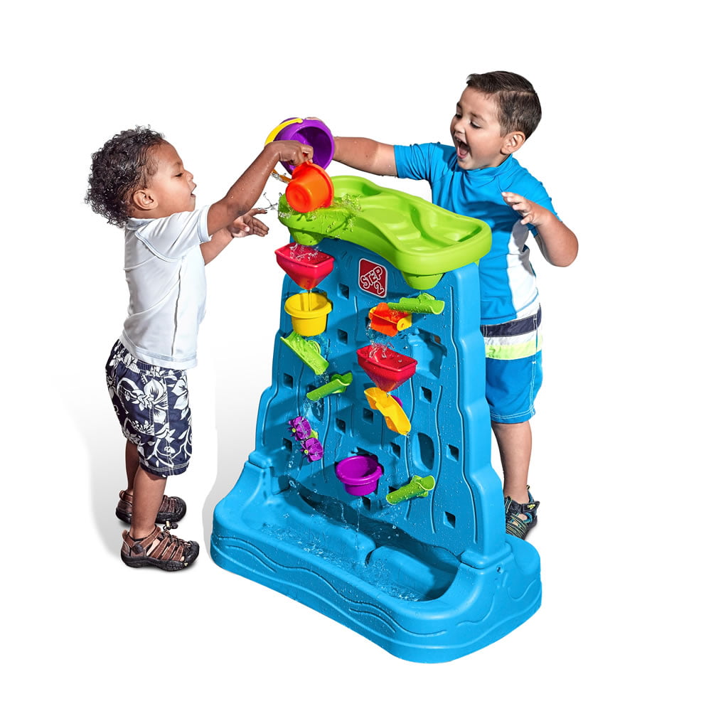 2 toddlers playing with the Step2 Waterfall Discovery Wall Water Activity Toy