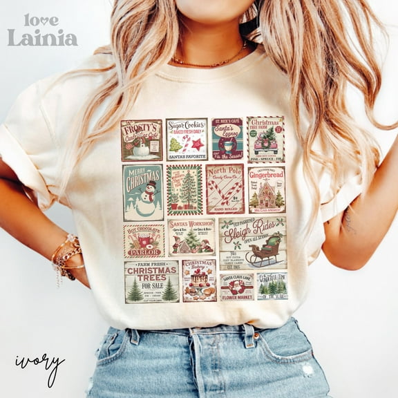 Vintage Christmas Signs Graphic Print T-Shirt | Retro Holiday Poster Collage Design | Comfort Colors Tee