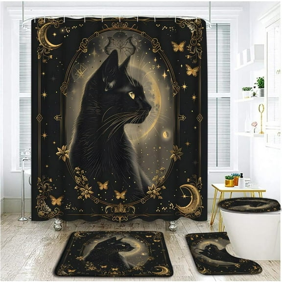 4 Piece Boho Black Cat Shower Curtain Set with Rugs, Toilet Lid Cover ,Mystical Moonlit Starry Night Gothic Animal Floral Butterfly Mid Century Aesthetic Halloween Bathroom Shower Curtain with Hooks
