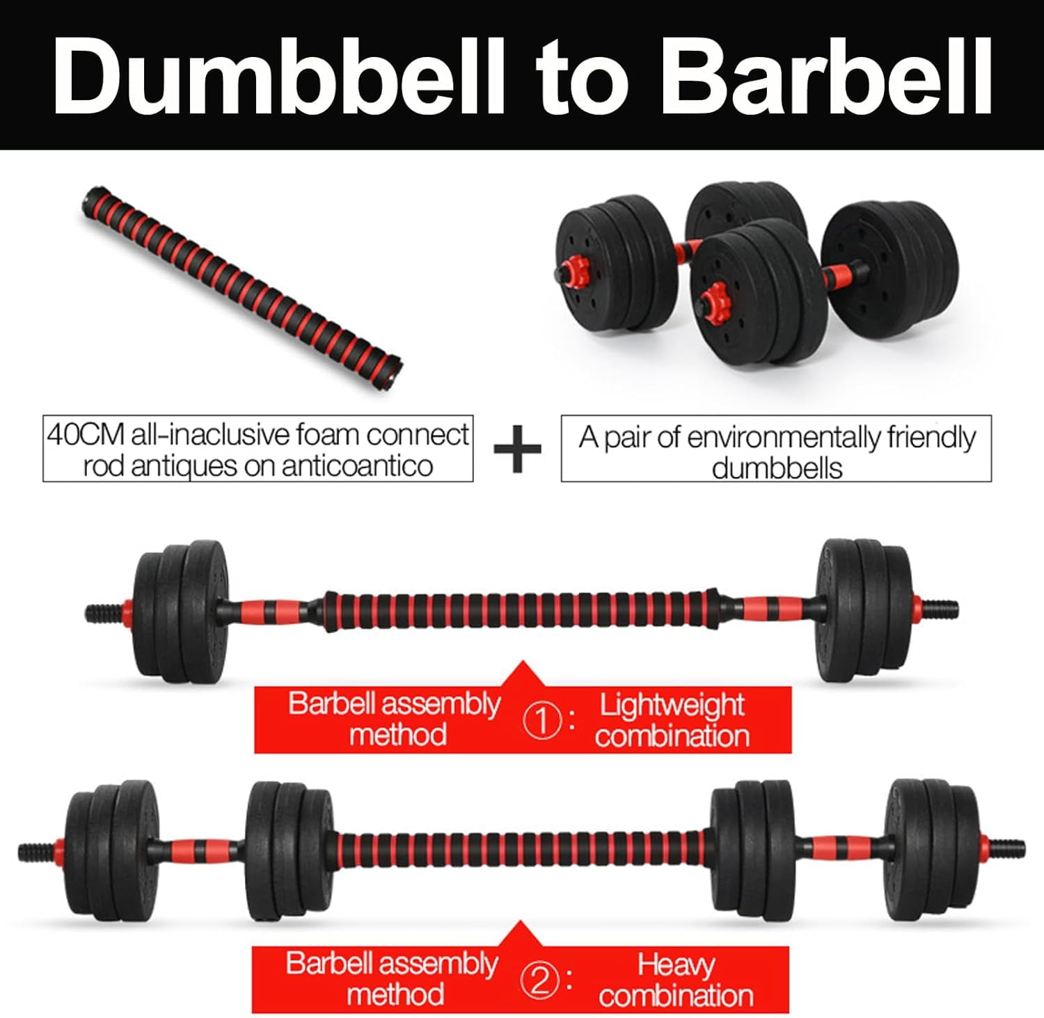 Adjustable Weights Dumbbells Set, Free Weights Dumbbells Set of 2 with Connector, 3 in1 Dumbbells Set Used as Barbell, Push up Stand, Home Gym Fitness Workout Equipment for Men and Women