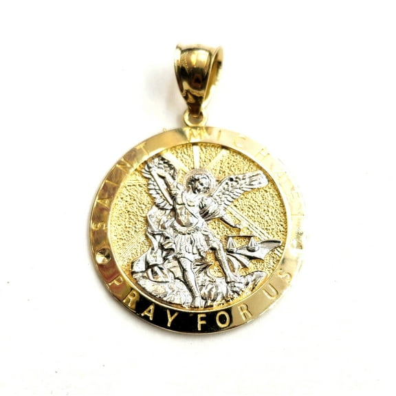 14k two tone gold Round saint Michael pendant 1.23" fine religious jewelry 5.4g