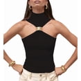 thumbnail image 2 of Women Halter Neck Pleated Twist Front Tank Tops Trendy Slim Fit Sleeveless Hollow Out Halter Top Clubwear Black S, 2 of 9