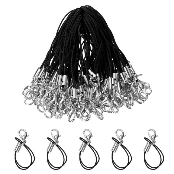 Uxcell 100Pcs Lobster Clasp Cords Clasp Strap Lanyard Charm Short Finger Rope for Cellphone Cases Keychain Black