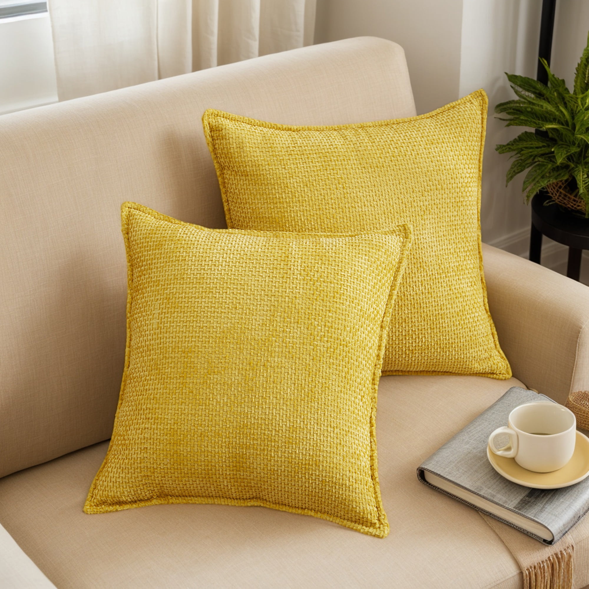 Unique Bargains Solid Chenille Decorative Throw Pillow Covers Pack of 2 Yellow 18" x 18"