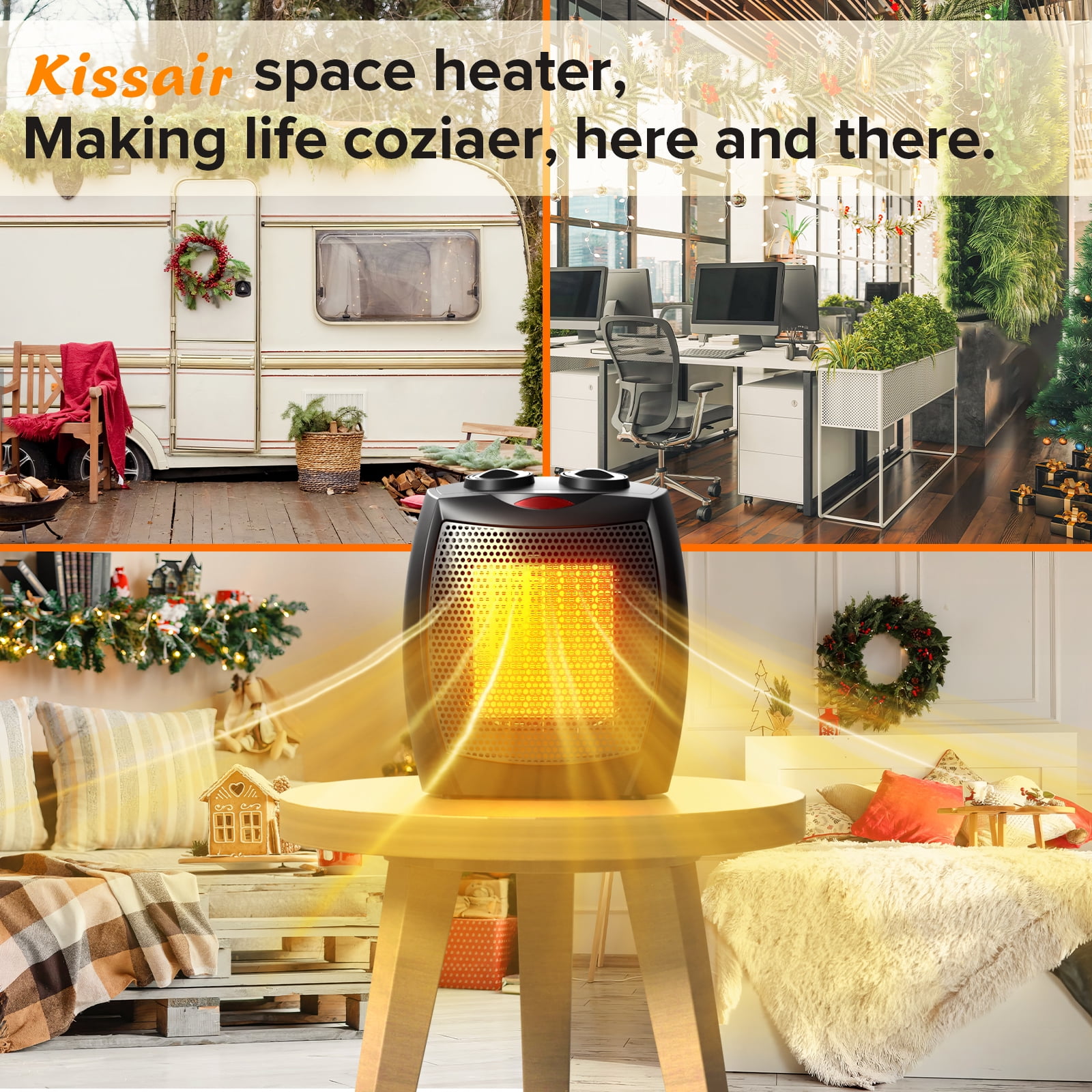 KISSAIR 750W/1500W Space Heater - ETL Certified, Silent Heating, V-0 Flame Retardant, Ceramic, Portable for Home & Christmas (Black)