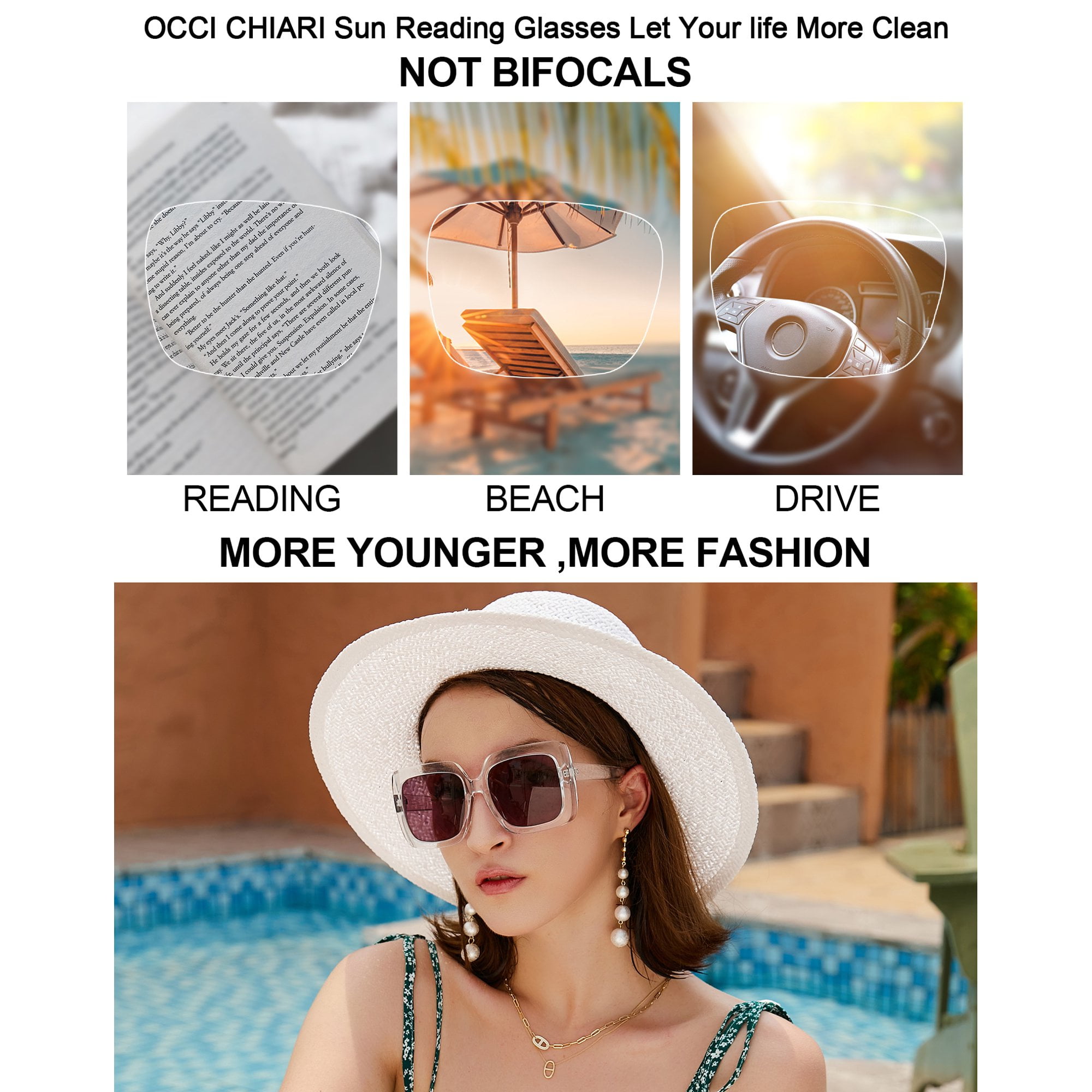 OCCI CHIARI Womens Sunglasses Reading Glasses Large Blue Light Blocker Sunglass Readers 2.25 UV Protection Outdoor 1.0 1.25 1.5 1.75 2.0 2.25 2.5 2.75 3.0 3.5 (Transparent, 2.25) Acrylic Lens
