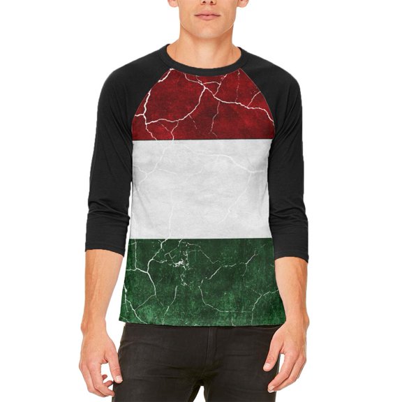 Distressed Hungarian Flag Mens Raglan T Shirt White-Black X-LG