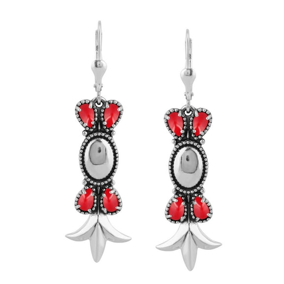 Sterling Silver Red Coral Squash Blossom Dangle Earrings