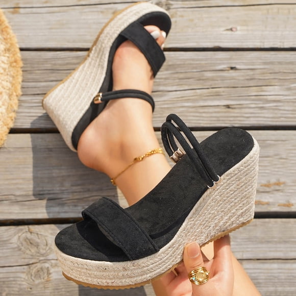 Fankiway Women's Espadrille Wedge Sandals Adjustable Ankle Strap Non-Slip Comfortable Summer Black 5.5