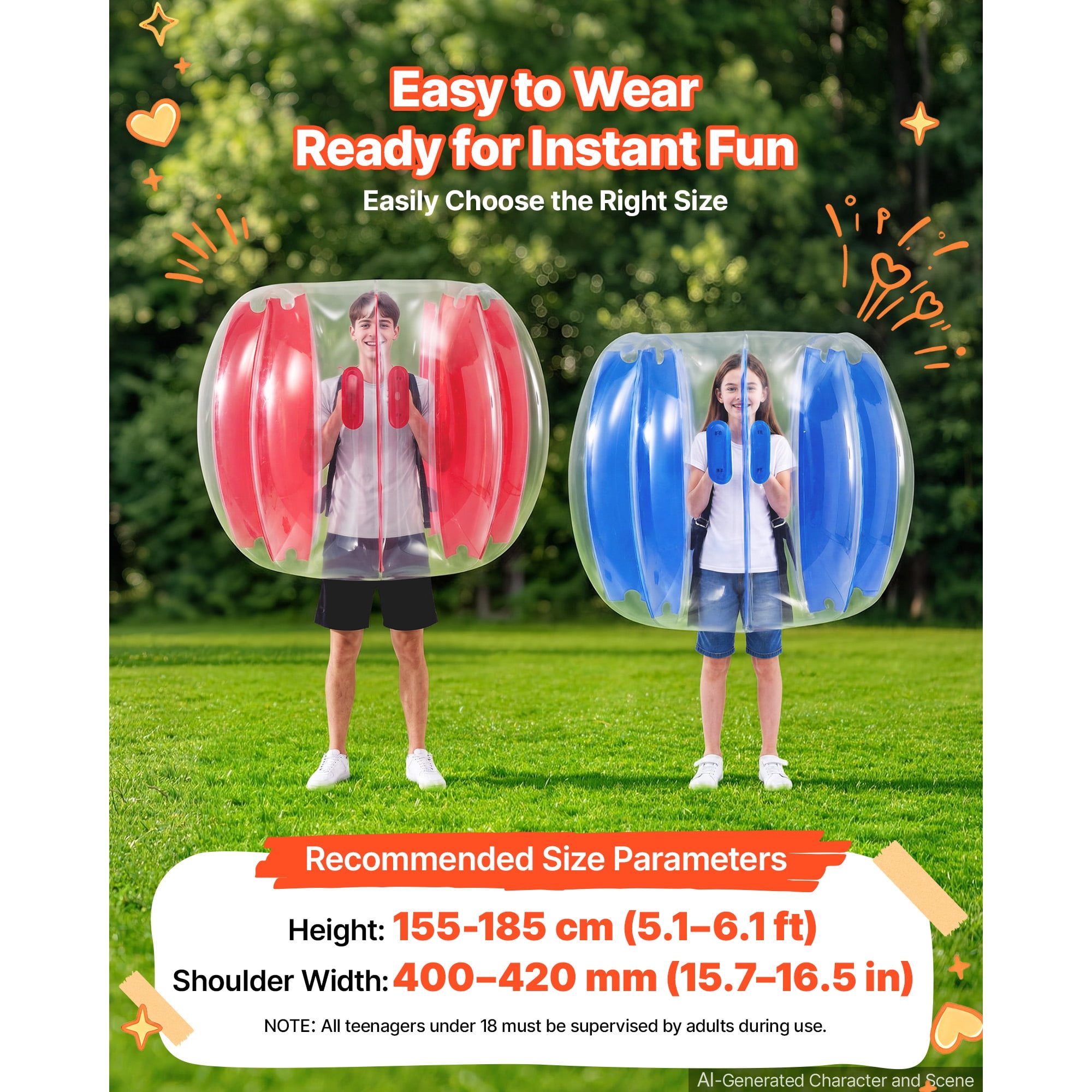 KFFKFF 2-Pack Inflatable Bumper Balls 4FT Human Bubble for Teens Blue+Red, Ideal for Outdoor Activities like Backyard Games, Camping, Picnics, Durable PVC Material, Sumo Hamster Ball with Handle