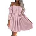 thumbnail image 1 of Dresses for Women 2022 Tube Top Off Shoulder Ruffle Long Sleeve Solid Color Pleated Midi Dress A-Line Dress, 1 of 7