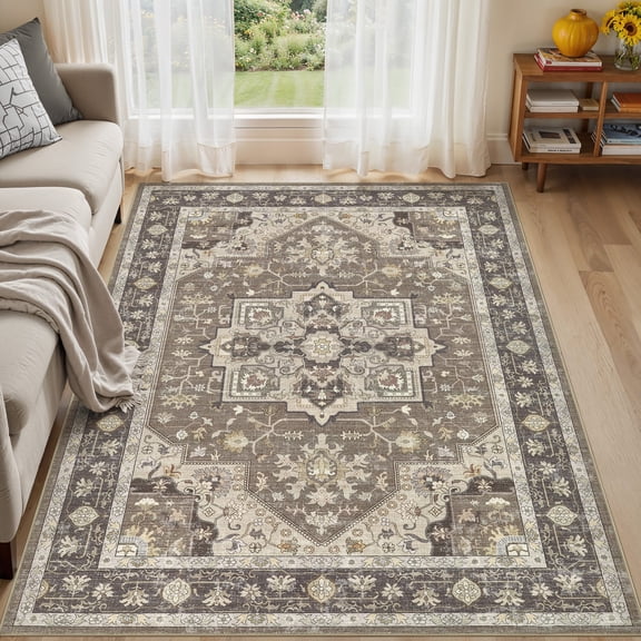 UERMEI 5x7 Area Rug for Living Room, Vintage Washable Area Rugs for Bedroom Dining Room Home Decor, Retro Distressed Non-Slip Rugs, Stain Resistant Non-Shed Carpet, Brown