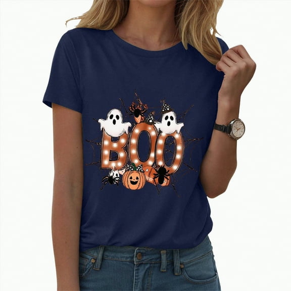 HCNTES Pumpkin Graphic Shirt Women Halloween Teacher Gift Tshirt Vintage Graphic Bookish Tee Short Sleeve Fall Tops(XXXL,A306-Navy)