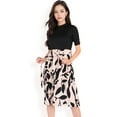 thumbnail image 5 of Women's High Neck Short Sleeve Dress with Contrast Leaf Print A-Line Skirt and Tie Waist- Black,Medium, 5 of 6