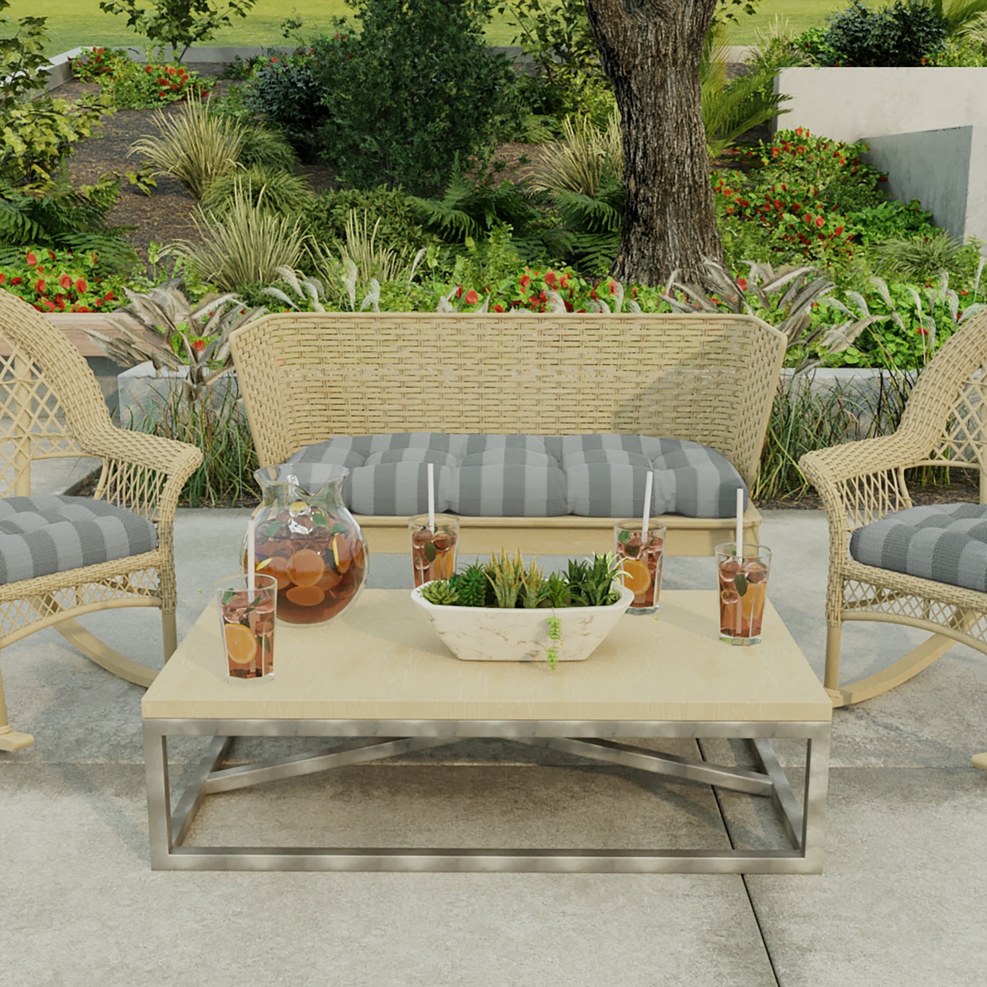 Jordan Manufacturing 44" x 18" Conway Smoke Grey Stripe Rectangular Tufted Contoured Outdoor Wicker Settee Bench Cushion