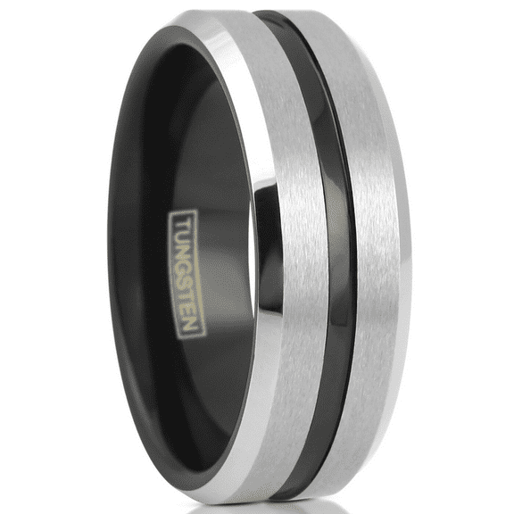 Silver Black Tungsten Carbide Wedding Band Ring for Men & Women â€“ Brushed Black Stripe Design