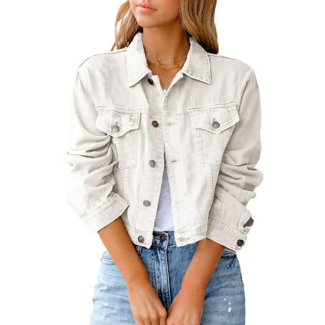 UKAP Ladies Outwear Long Sleeve Denim Jackets Trucker Jacket Distressed Holiday White L