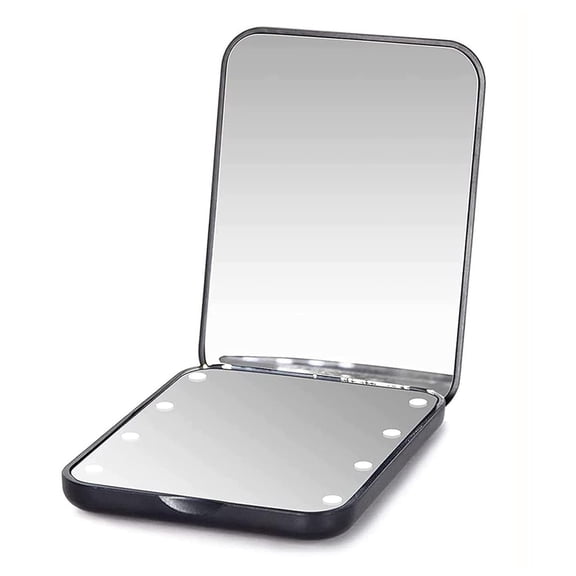 Pocket mirror, magnifying LED compact travel makeup mirror for purse, portable, folding, handheld - black