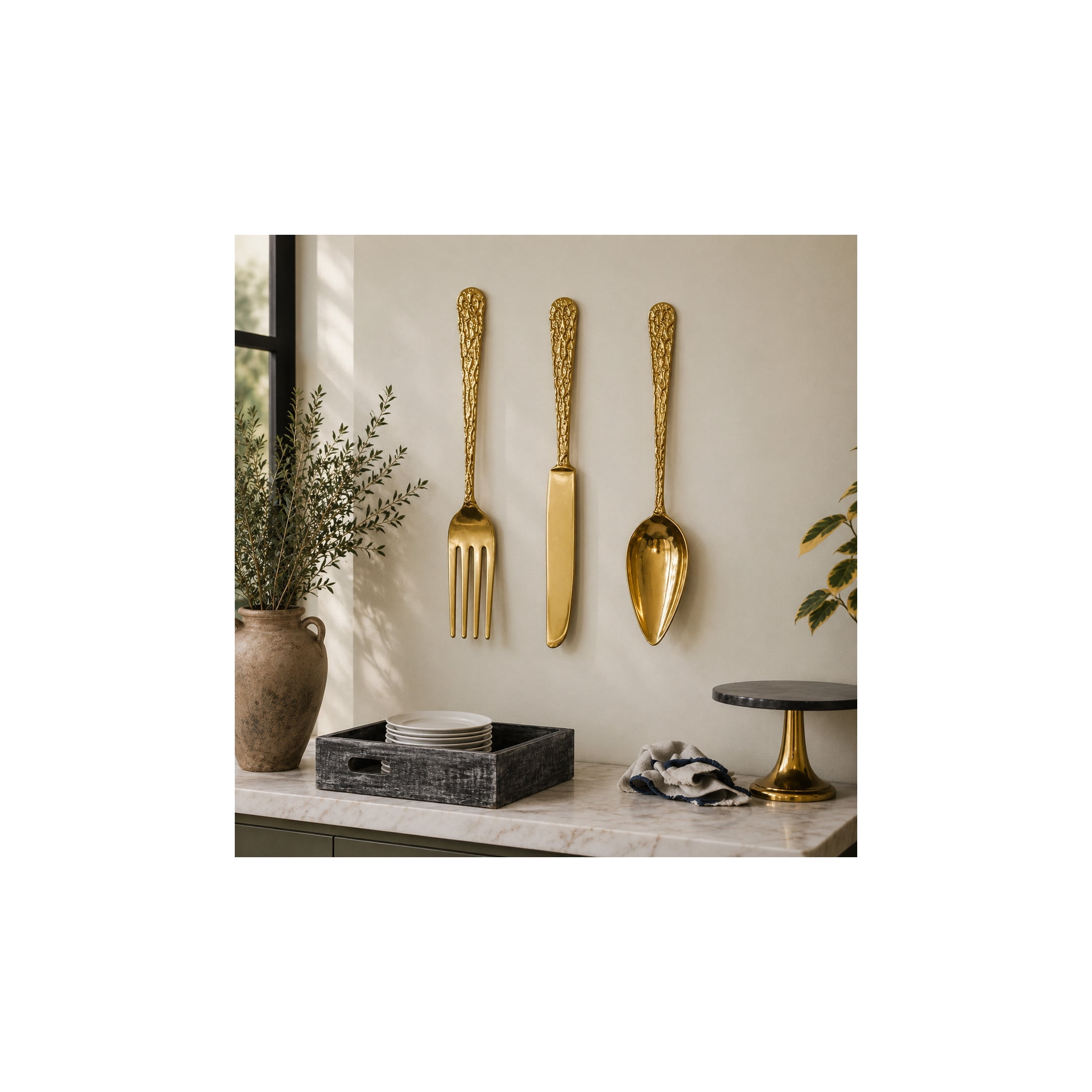 DecMode Gold Aluminum Metal Knife, Spoon and Fork Utensils Wall Decor (3 Count)