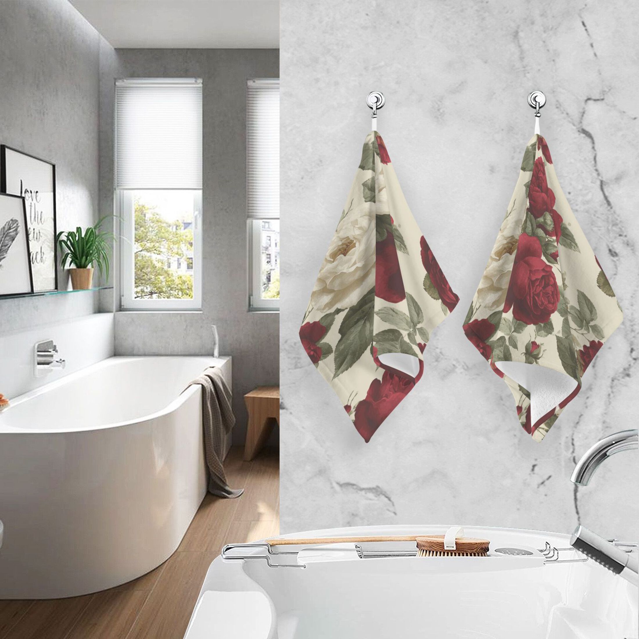 2 Pcs Absorbent Face Towel Bath Hand Towels Soft Breathable Cotton Towel Set for Bathroom Kitchen Hotel Spa Decor Red and White Roses